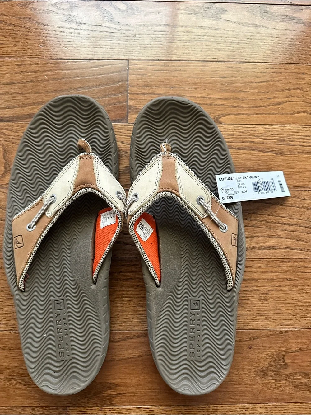 NWT Sperry Top Sider Men's Brown Tan Canvas Flip Flops Thong Sandals Size 13